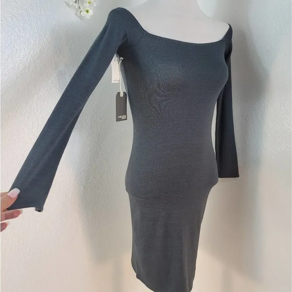 ARITZIA WILFRED FREE Olivia Charcoal Gray Off Shoulder Bodycon Dress Long Sleeve